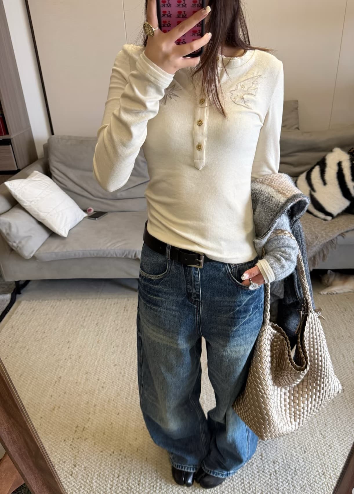 부티크 양모 260 그램 긴팔 티셔츠 기본 셔츠 여성 봄 가을 자수 새로운 헨리 셔츠 칼라 맨위 상세 이미지 2