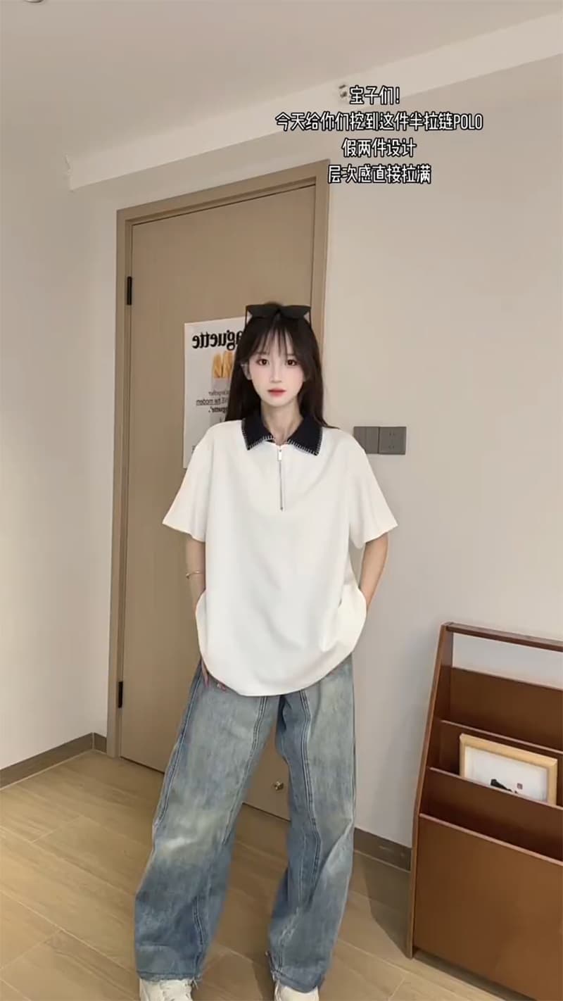 남자 바 면 220 그램 반팔 티셔츠 남녀 조수 브랜드 커플 루즈핏 여름 손 바느질 POLO 칼라 맨위 상세 이미지 2