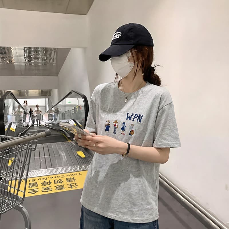 220 그램 순면 반팔 티셔츠 여성 의류 여름 트렌디 새로운 루즈핏 긍정적 인 어깨 가시 자수 라운드 넥 맨위 이미지 5