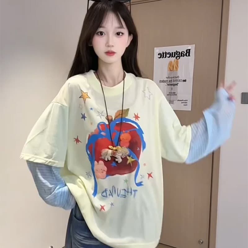 경관 그림 특별 가격 165 그램 눈꽃 면 자외선 차단 의류 긴팔 티셔츠 여성 의류 여름 페이크 레이어드 패치워크 스트라이프 라운드 넥 맨위 이미지 5
