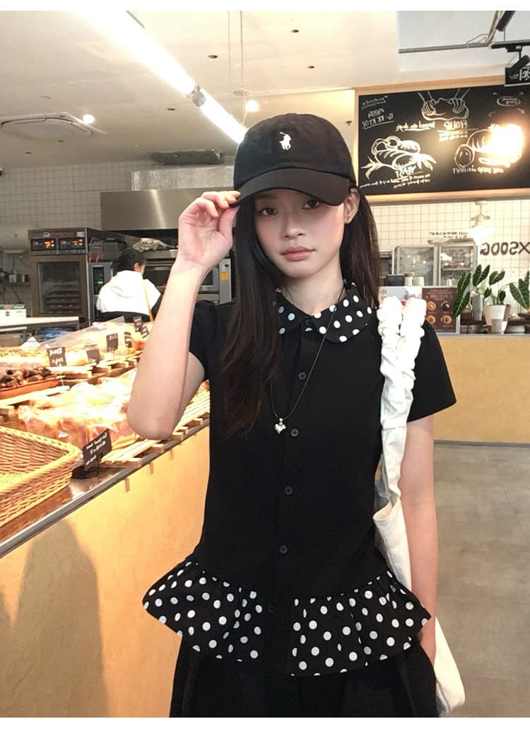 1 1 순면 리브 반팔 티셔츠 여성 의류 여름 새로운 달콤함 페이크 레이어드 도트 무늬 베이비 칼라 맨위 상세 이미지 15