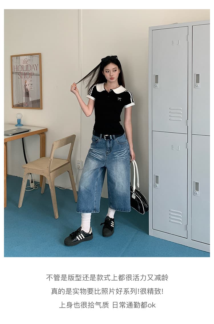 경관 그림 특별 가격 1 1 리브 210 그램 반팔 티셔츠 여성 의류 여름 새로운 몸매 가꾸기 자수 배색 베이비 칼라 맨위 상세 이미지 10
