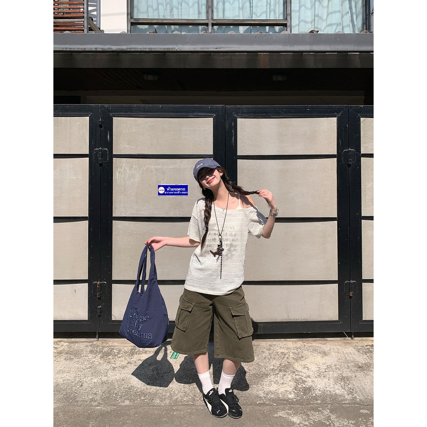 반팔 티셔츠 여성 의류 여름 새로운 한 부서 루즈핏 페이크 레이어드 오프숄더 아메리칸 스트라이프 비스듬한 칼라 맨위 이미지 3