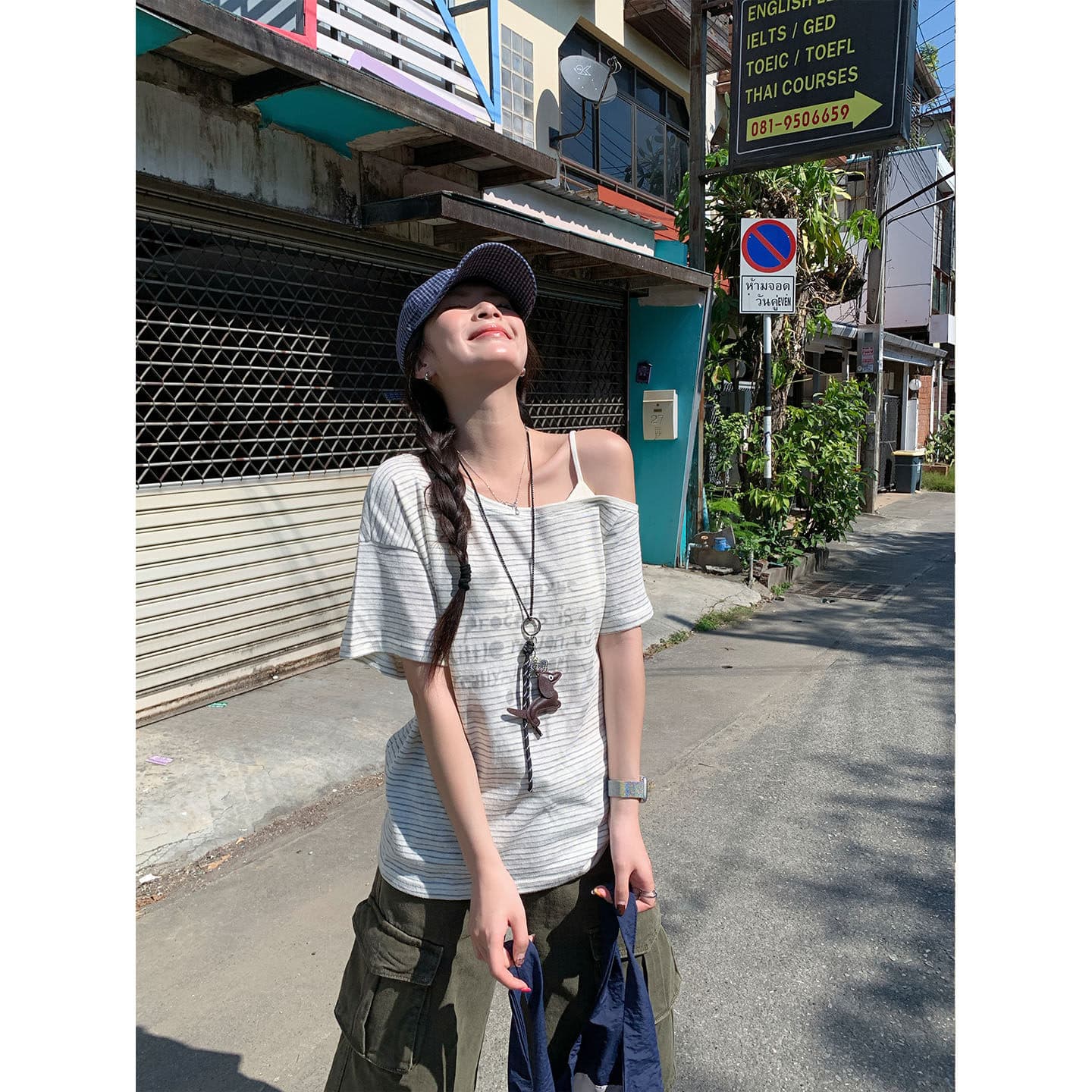 반팔 티셔츠 여성 의류 여름 새로운 한 부서 루즈핏 페이크 레이어드 오프숄더 아메리칸 스트라이프 비스듬한 칼라 맨위 이미지 5