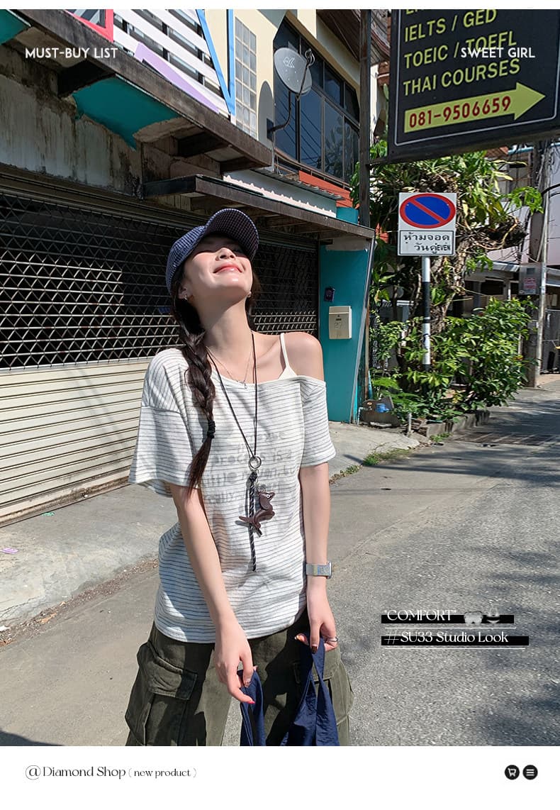 반팔 티셔츠 여성 의류 여름 새로운 한 부서 루즈핏 페이크 레이어드 오프숄더 아메리칸 스트라이프 비스듬한 칼라 맨위 상세 이미지 11