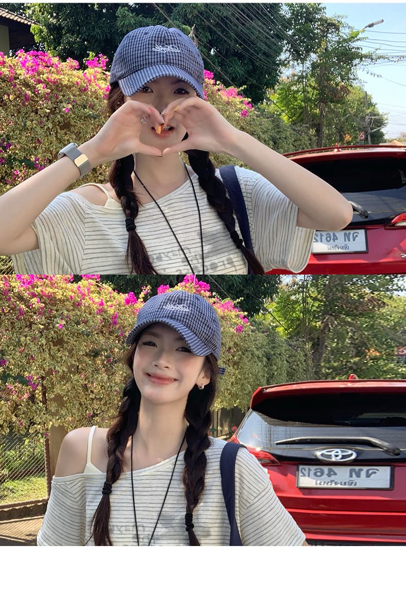 반팔 티셔츠 여성 의류 여름 새로운 한 부서 루즈핏 페이크 레이어드 오프숄더 아메리칸 스트라이프 비스듬한 칼라 맨위 상세 이미지 15