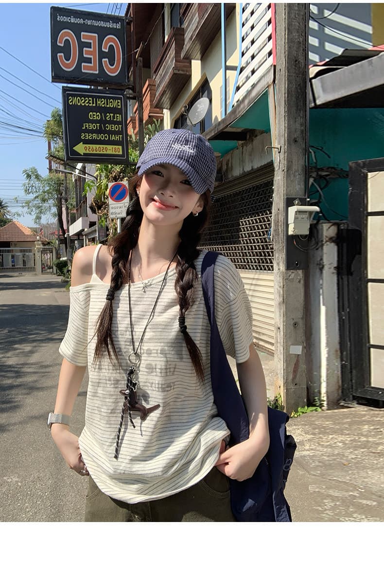 반팔 티셔츠 여성 의류 여름 새로운 한 부서 루즈핏 페이크 레이어드 오프숄더 아메리칸 스트라이프 비스듬한 칼라 맨위 상세 이미지 19