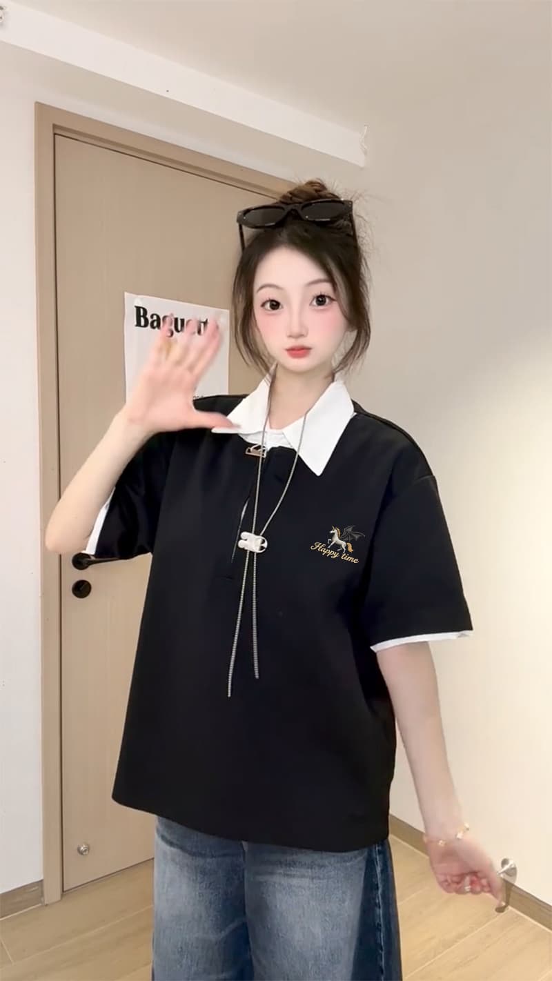 남자 바 면 220 그램 반팔 티셔츠 여성 의류 여름 트렌디 새로운 루즈핏 가시 자수 POLO 칼라 맨위 상세 이미지 2