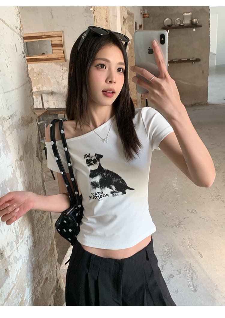 경관 그림 1 1 순면 리브 220 그램 반팔 티셔츠 여성 여름 새로운 오프숄더 슬림해 보이는 한 부서 비스듬한 칼라 맨위 상세 이미지 13