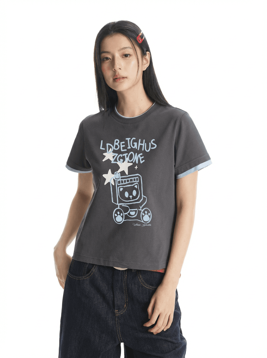 경관 그림 220 그램 물 부드러운 면 양면 반팔 티셔츠 여성 여름 새로운 도트 무늬 스트라이프 자수 라운드 넥 맨위 상세 이미지 9