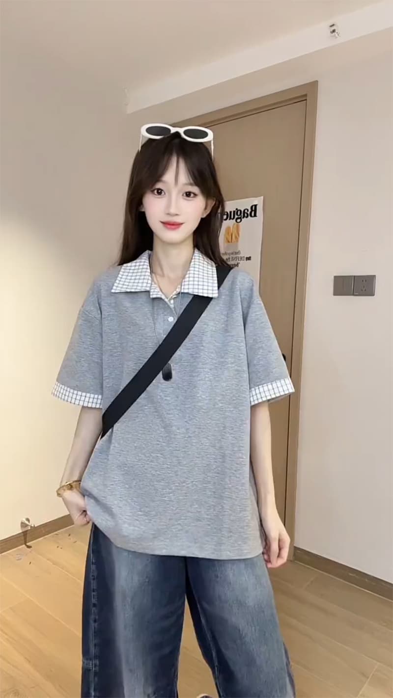 경관 그림 남자 바 면 220 그램 반팔 티셔츠 여성 의류 여름 페이크 레이어드 새로운 루즈핏 체크무늬 POLO 칼라 맨위 상세 이미지 2