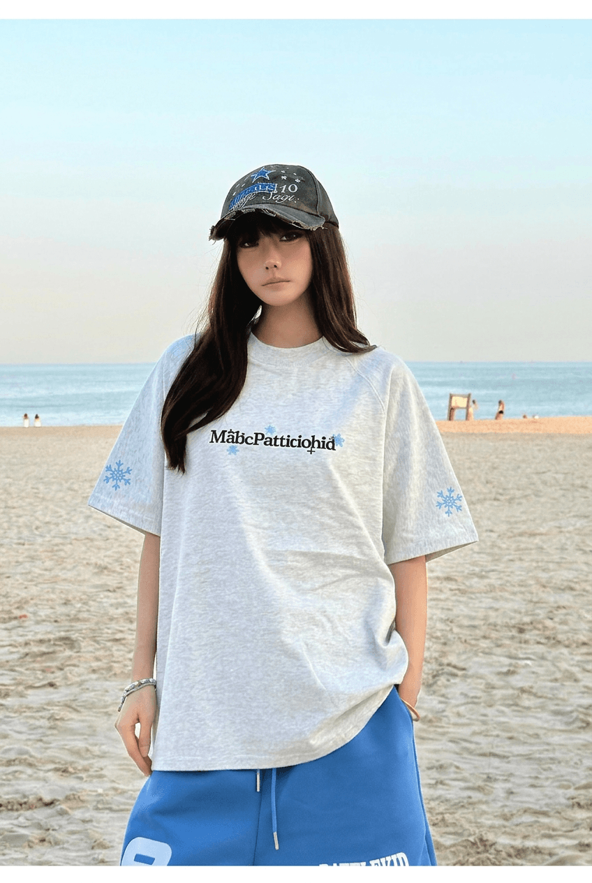 220 그램 순면 반팔 티셔츠 여성 의류 여름 새로운 중간 길이 루즈핏 긍정적 인 어깨 가시 자수 라운드 넥 맨위 이미지 2