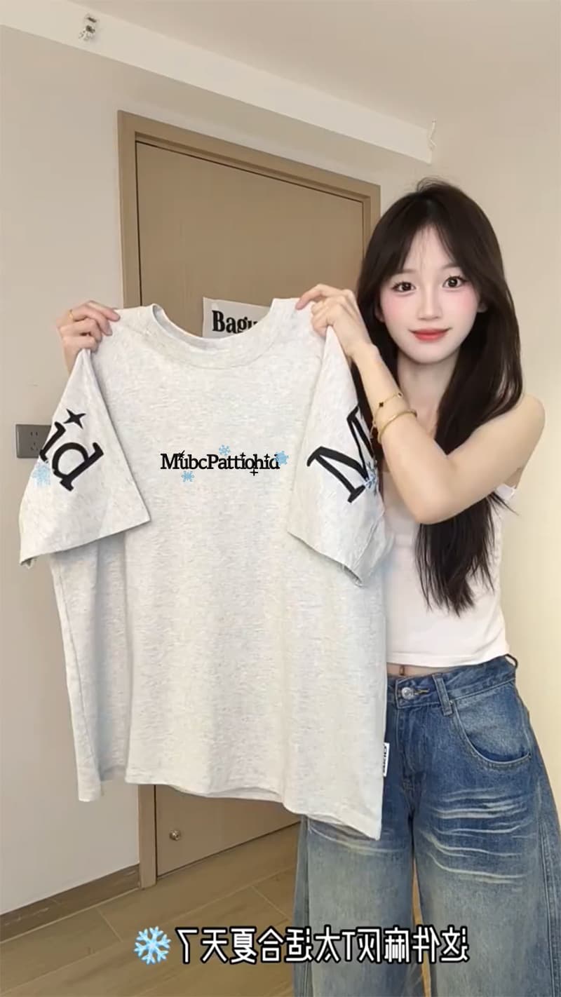 220 그램 순면 반팔 티셔츠 여성 의류 여름 새로운 중간 길이 루즈핏 긍정적 인 어깨 가시 자수 라운드 넥 맨위 상세 이미지 5