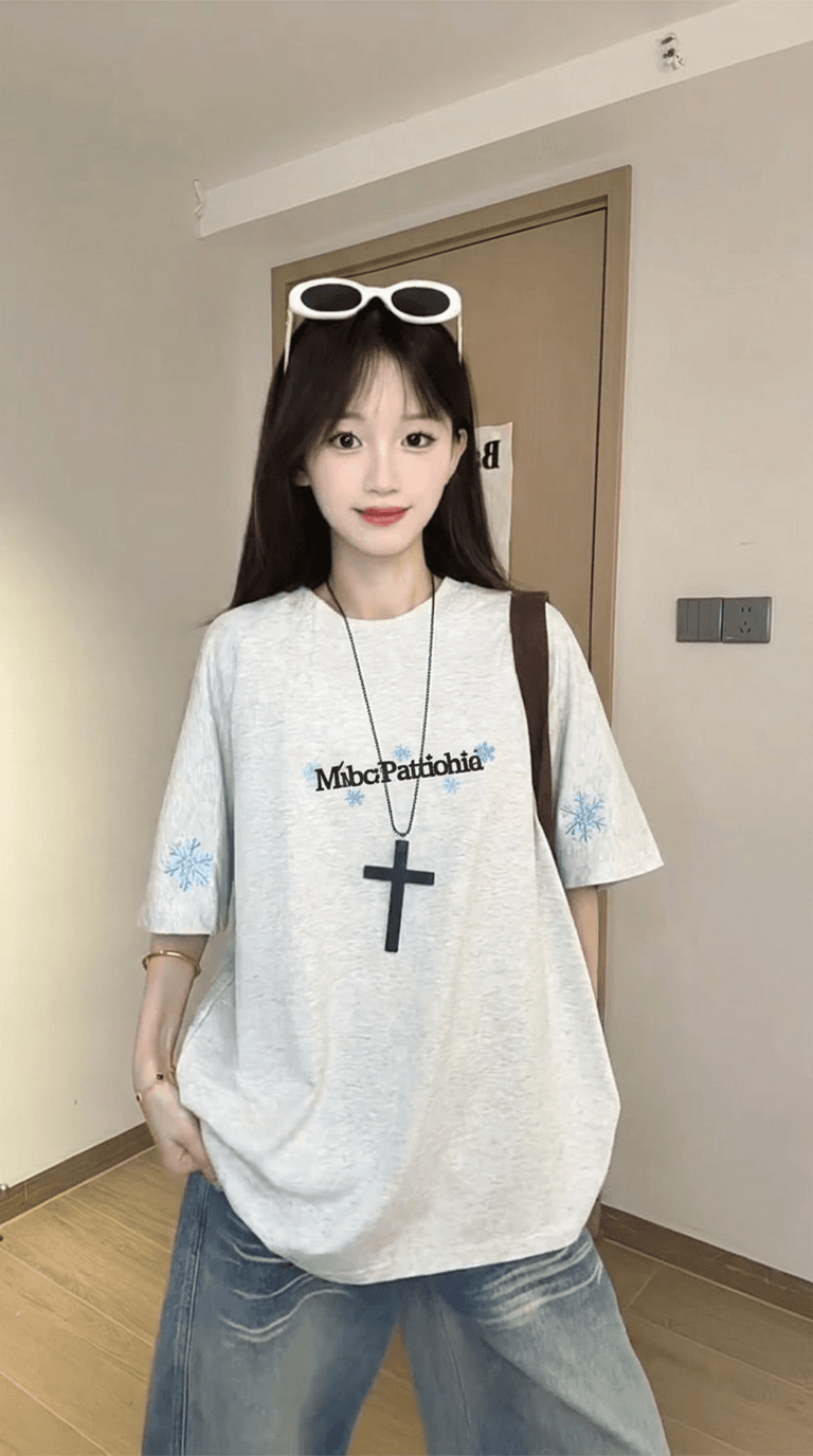 경관 그림 220 그램 순면 반팔 티셔츠 여성 의류 여름 새로운 중간 길이 루즈핏 긍정적 인 어깨 가시 자수 라운드 넥 맨위 상세 이미지 6