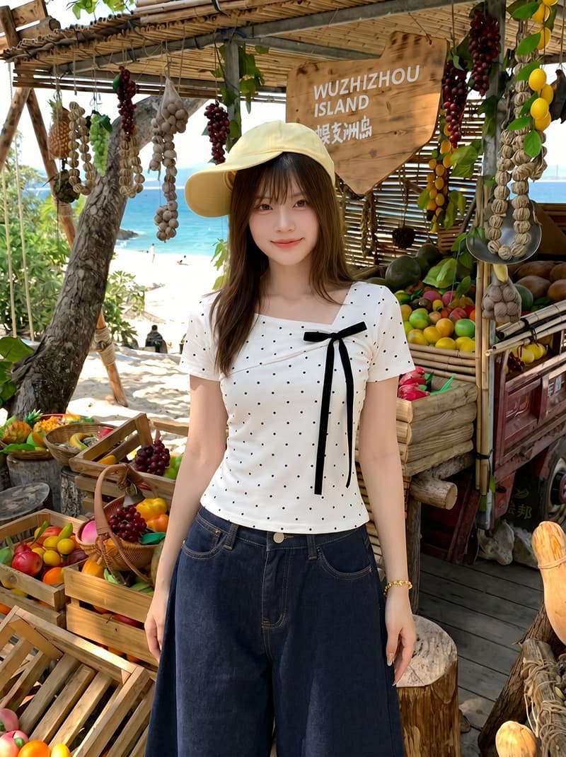 반팔 티셔츠 여성 의류 여름 새로운 한 부서 레이스업 나비 매듭 몸매 가꾸기 도트 무늬 불규칙 칼라 맨위