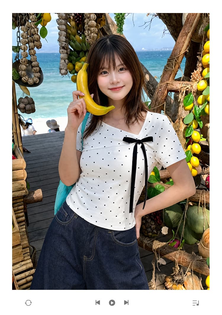 반팔 티셔츠 여성 의류 여름 새로운 한 부서 레이스업 나비 매듭 몸매 가꾸기 도트 무늬 불규칙 칼라 맨위 상세 이미지 1