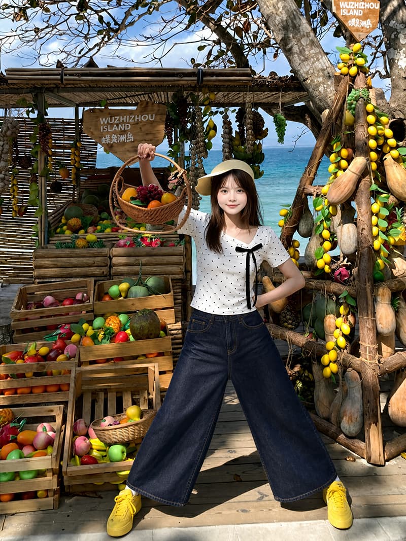 반팔 티셔츠 여성 의류 여름 새로운 한 부서 레이스업 나비 매듭 몸매 가꾸기 도트 무늬 불규칙 칼라 맨위 상세 이미지 6