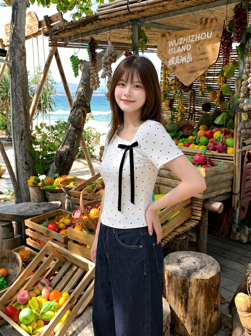 반팔 티셔츠 여성 의류 여름 새로운 한 부서 레이스업 나비 매듭 몸매 가꾸기 도트 무늬 불규칙 칼라 맨위 상세 이미지 8