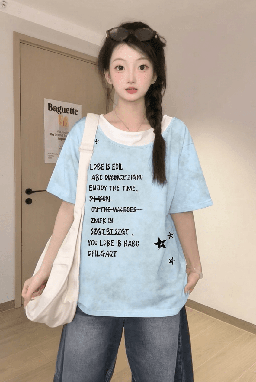 경관 그림 32 더블 실 순면 반팔 티셔츠 여성 의류 여름 새로운 레트로 루즈핏 페이크 레이어드 라운드 넥 맨위
