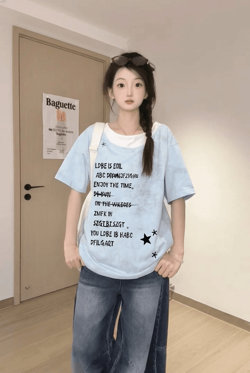 경관 그림 32 더블 실 순면 반팔 티셔츠 여성 의류 여름 새로운 레트로 루즈핏 페이크 레이어드 라운드 넥 맨위 이미지 3