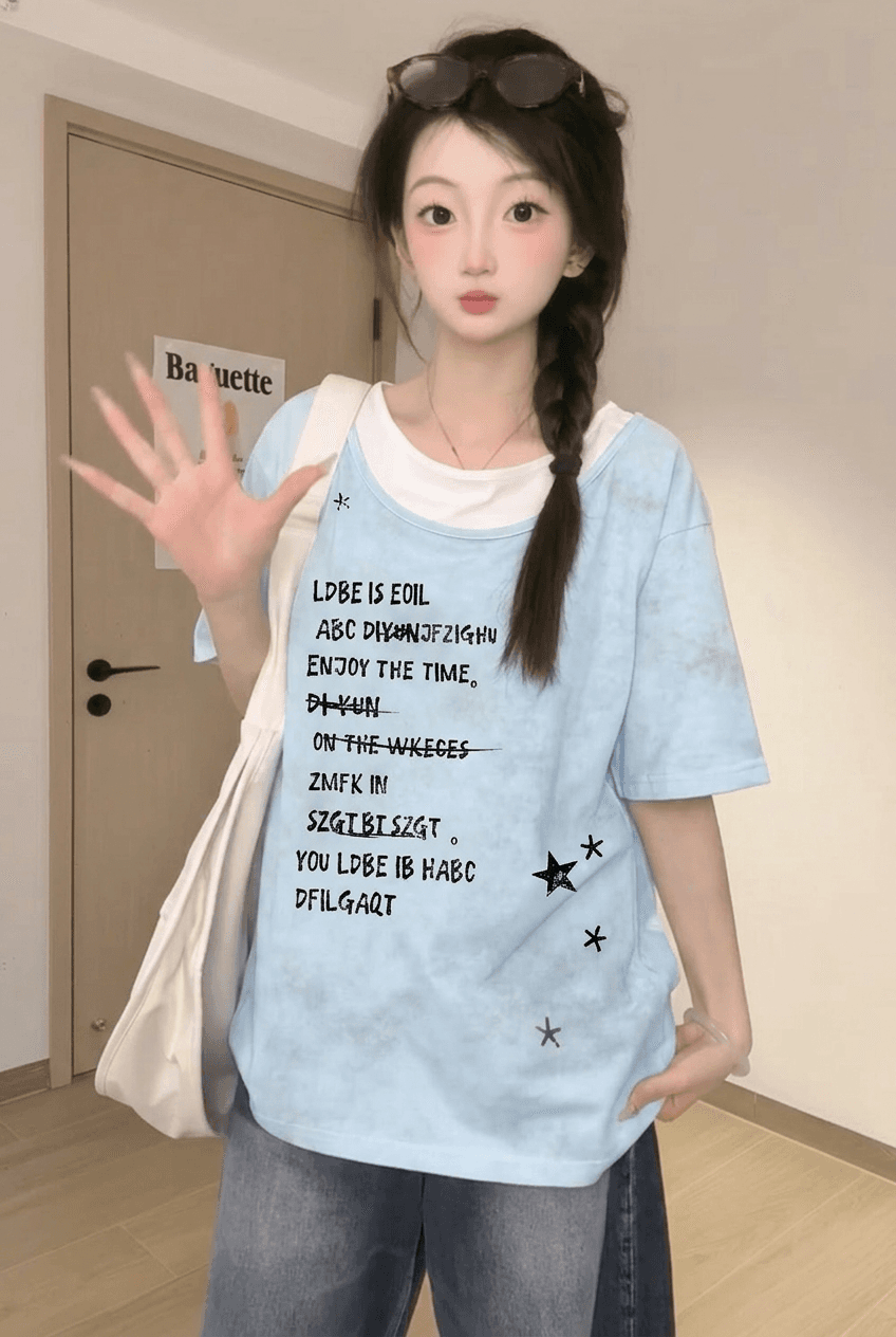 경관 그림 32 더블 실 순면 반팔 티셔츠 여성 의류 여름 새로운 레트로 루즈핏 페이크 레이어드 라운드 넥 맨위 이미지 2