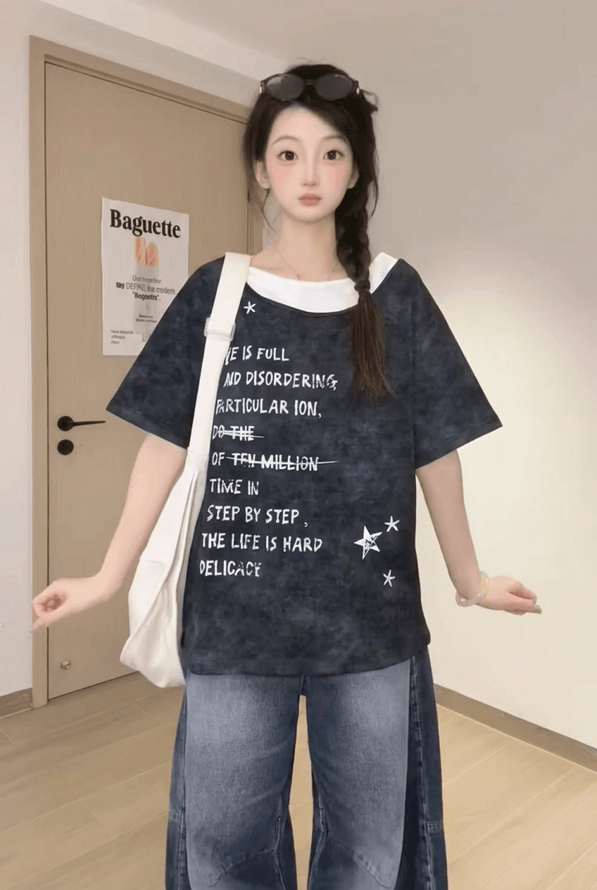 경관 그림 32 더블 실 순면 반팔 티셔츠 여성 의류 여름 새로운 레트로 루즈핏 페이크 레이어드 라운드 넥 맨위 상세 이미지 8
