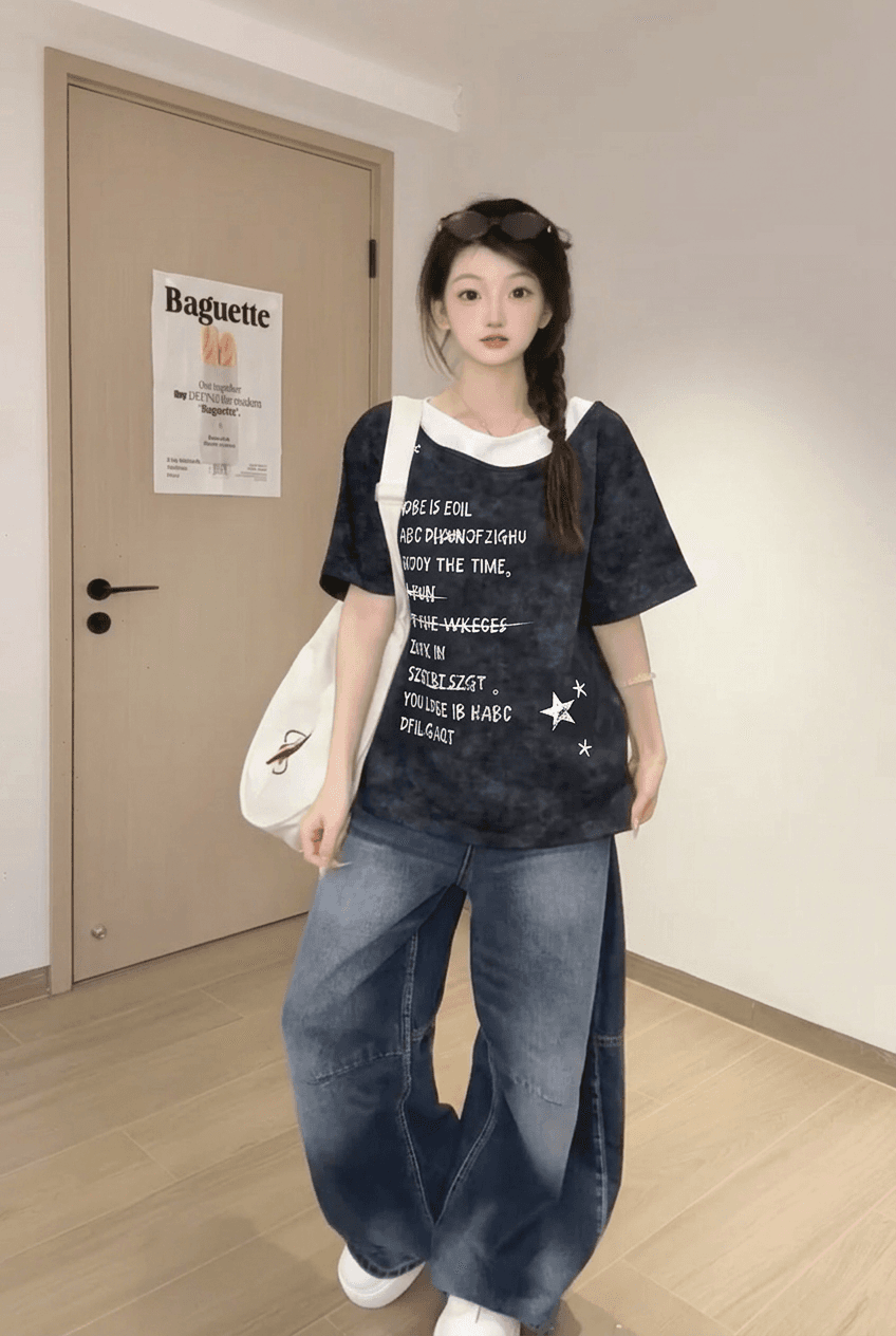 경관 그림 32 더블 실 순면 반팔 티셔츠 여성 의류 여름 새로운 레트로 루즈핏 페이크 레이어드 라운드 넥 맨위 상세 이미지 10