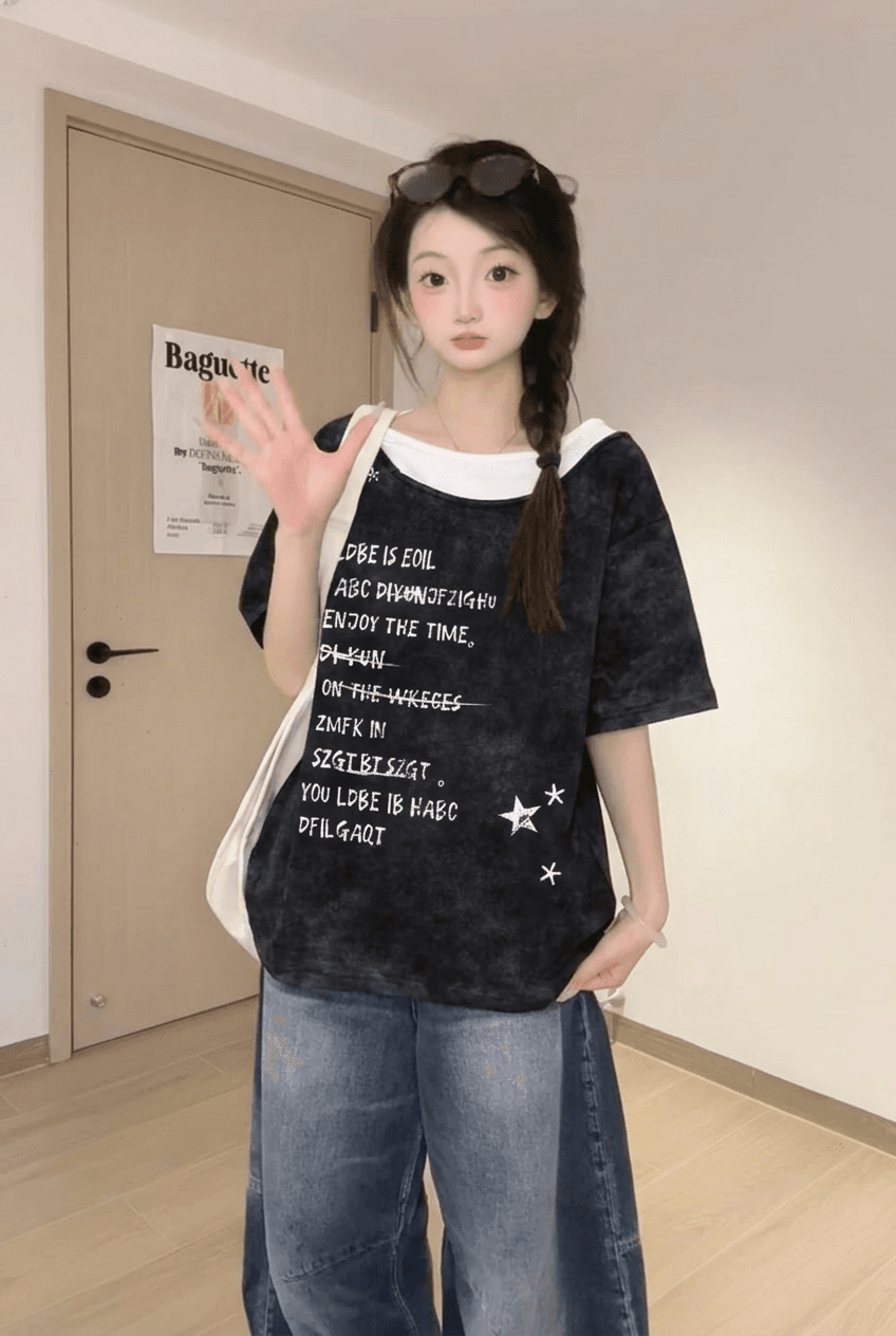 경관 그림 32 더블 실 순면 반팔 티셔츠 여성 의류 여름 새로운 레트로 루즈핏 페이크 레이어드 라운드 넥 맨위 상세 이미지 11