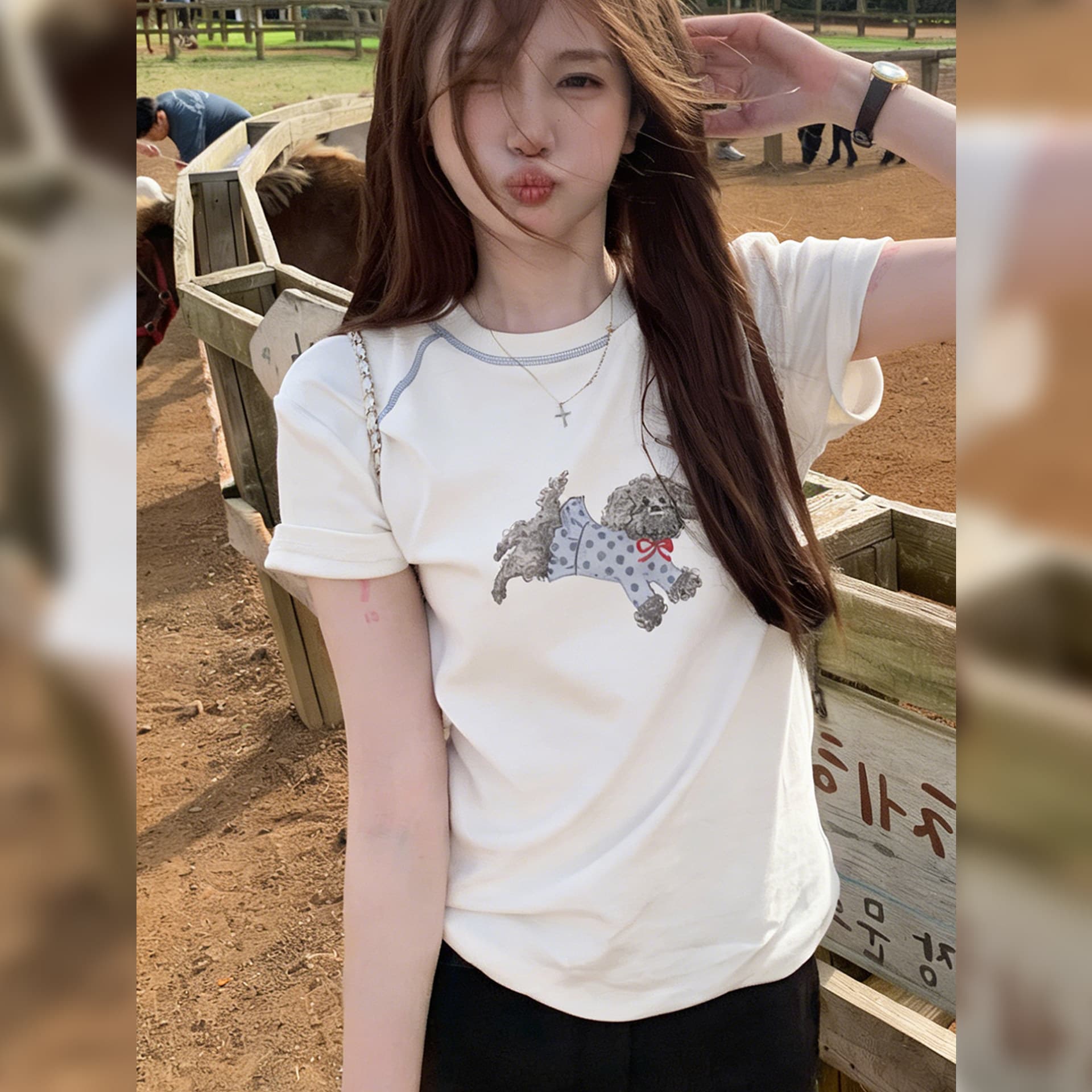 반팔 티셔츠 여성 의류 여름 새로운 한 부서 디자인 센스 트렌디 만화 명시적 스티치 장식 라운드 넥 맨위 상세 이미지 5