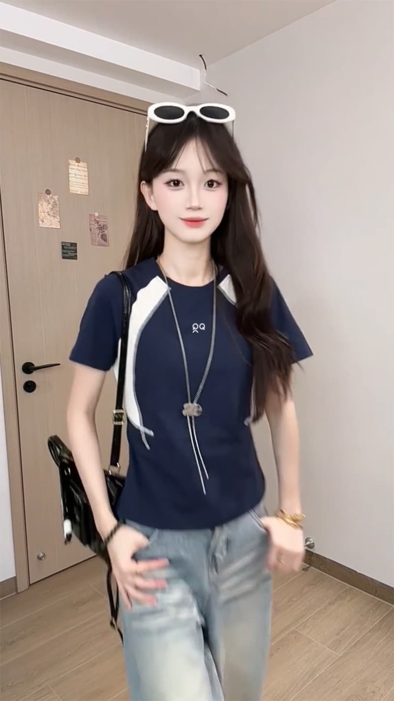 반팔 티셔츠 여성 의류 여름 새로운 한 부서 디자인 센스 트렌디 명시적 스티치 장식 삽입 색상 라운드 넥 맨위 상세 이미지 6