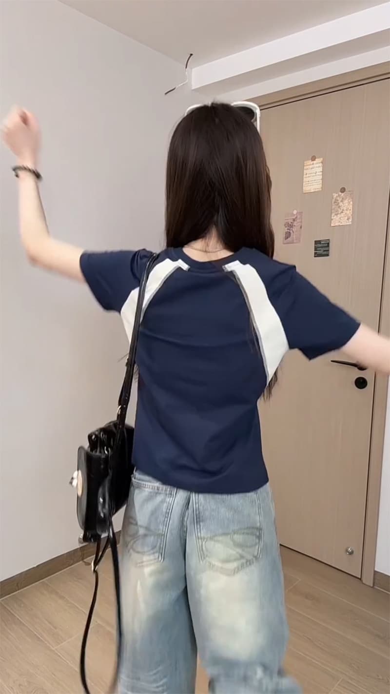 반팔 티셔츠 여성 의류 여름 새로운 한 부서 디자인 센스 트렌디 명시적 스티치 장식 삽입 색상 라운드 넥 맨위 상세 이미지 7