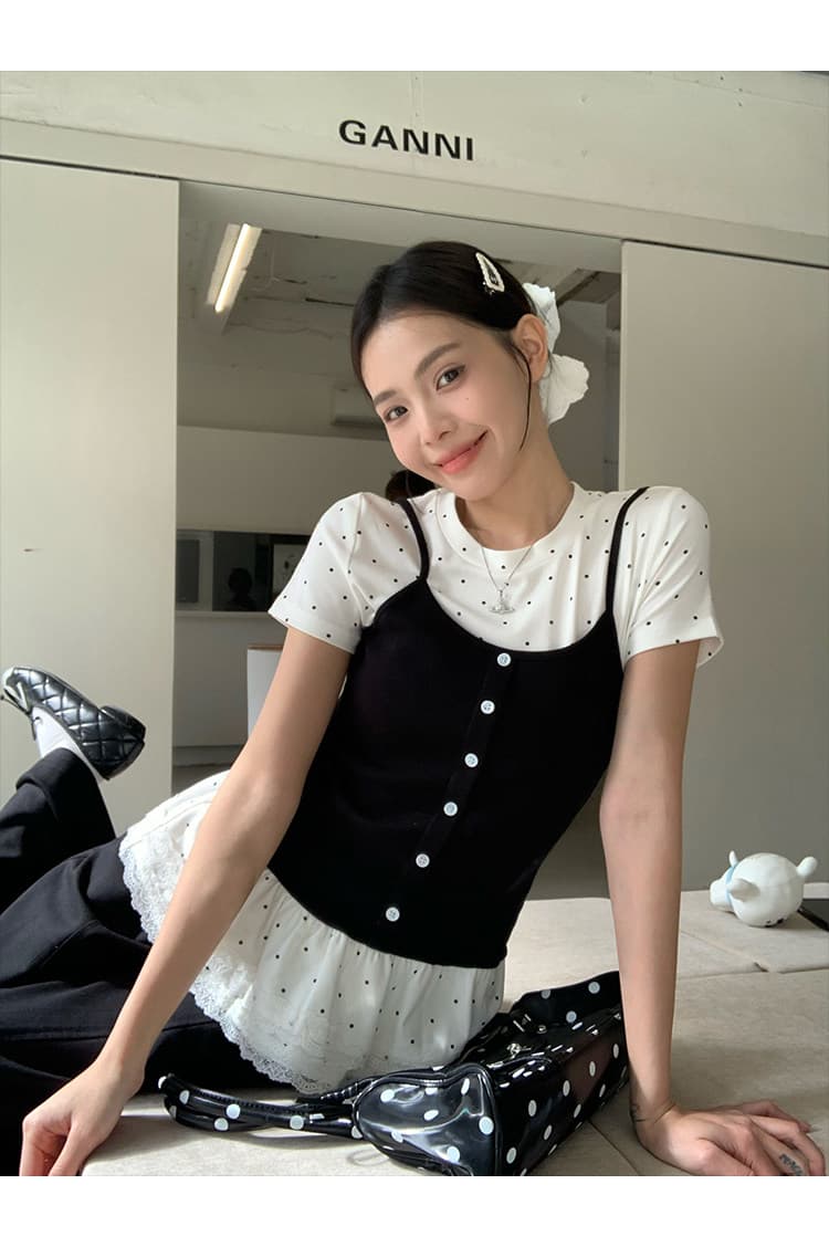 반팔 티셔츠 여성 의류 여름 새로운 트렌디 몸매 가꾸기 레이스 밑단 도트 무늬 페이크 레이어드 라운드 넥 맨위 상세 이미지 10