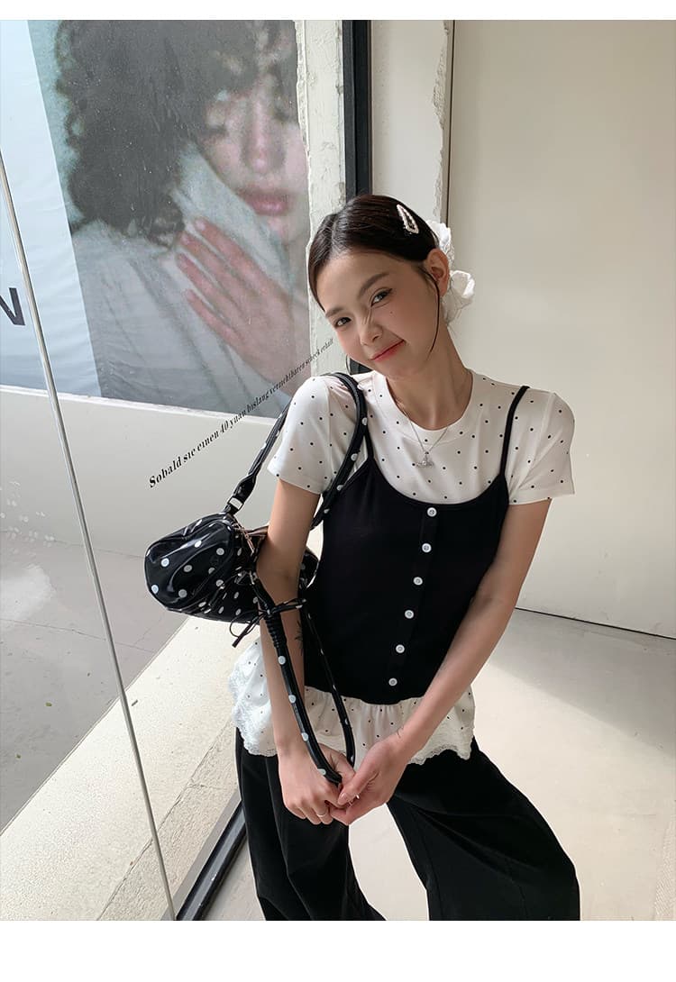 반팔 티셔츠 여성 의류 여름 새로운 트렌디 몸매 가꾸기 레이스 밑단 도트 무늬 페이크 레이어드 라운드 넥 맨위 상세 이미지 22