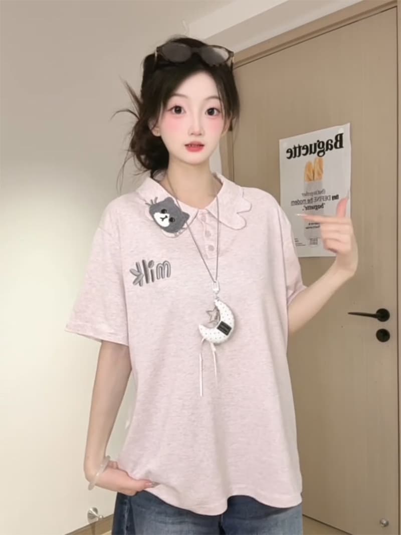 220 그램 양면 면 반팔 티셔츠 여성 의류 여름 새로운 트렌디 한 부서 루즈핏 자수 POLO 칼라 맨위 상세 이미지 6