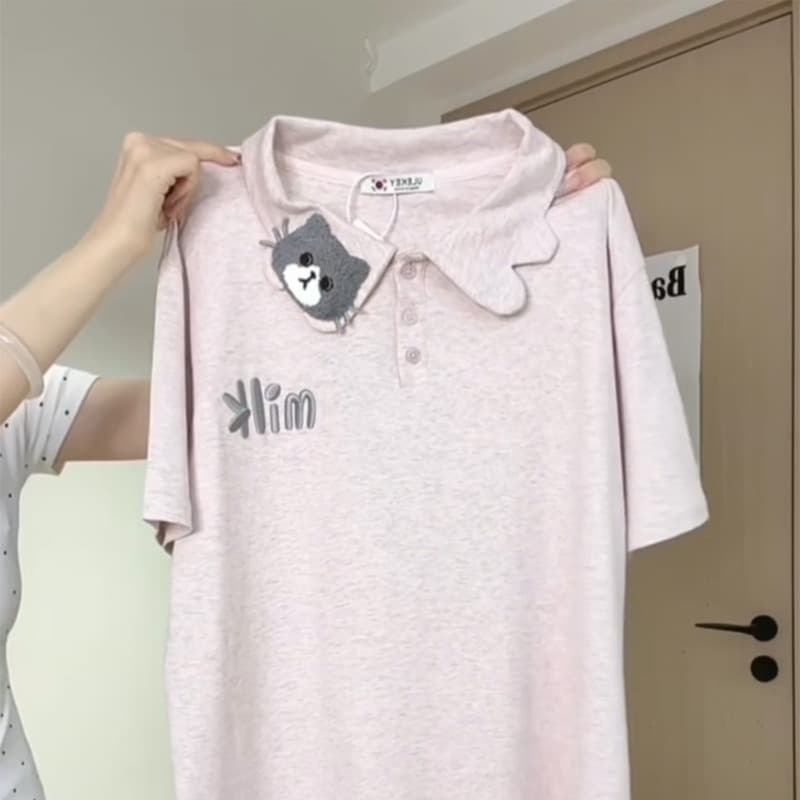 220 그램 양면 면 반팔 티셔츠 여성 의류 여름 새로운 트렌디 한 부서 루즈핏 자수 POLO 칼라 맨위 이미지 5