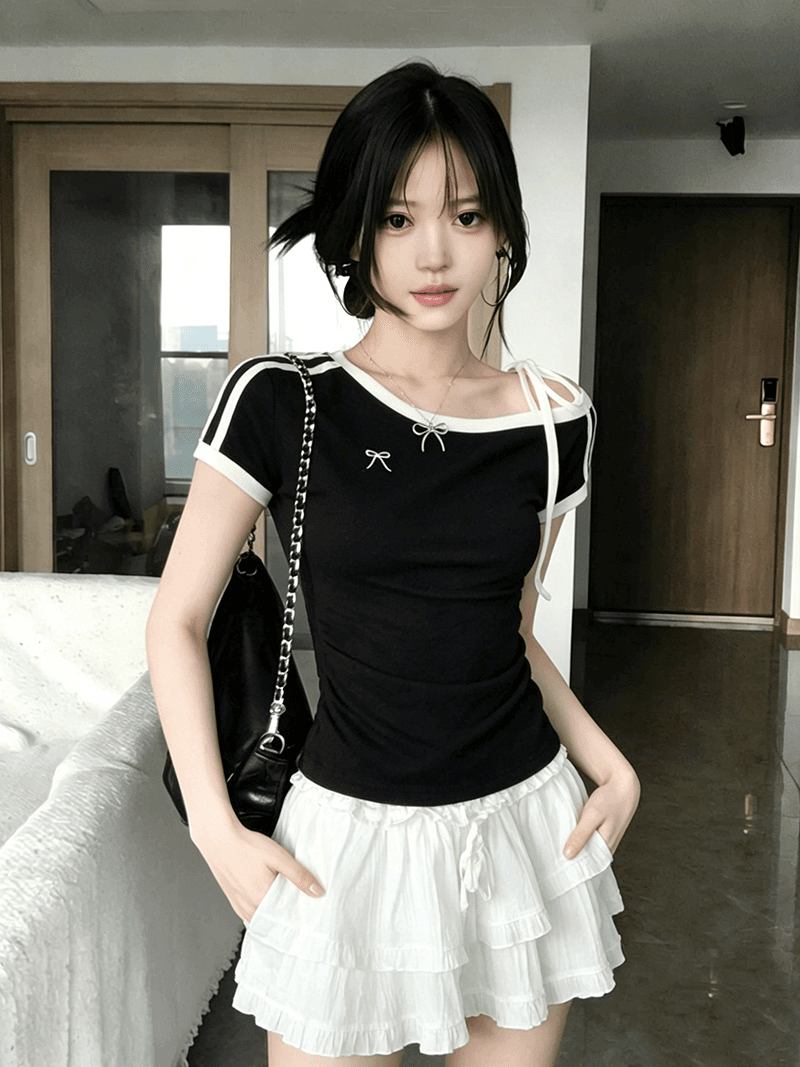 반팔 티셔츠 여성 의류 여름 새로운 스트랩 자수 쇼트 스타일 몸매 가꾸기 오프숄더 스트라이프 비스듬한 칼라 맨위 상세 이미지 8
