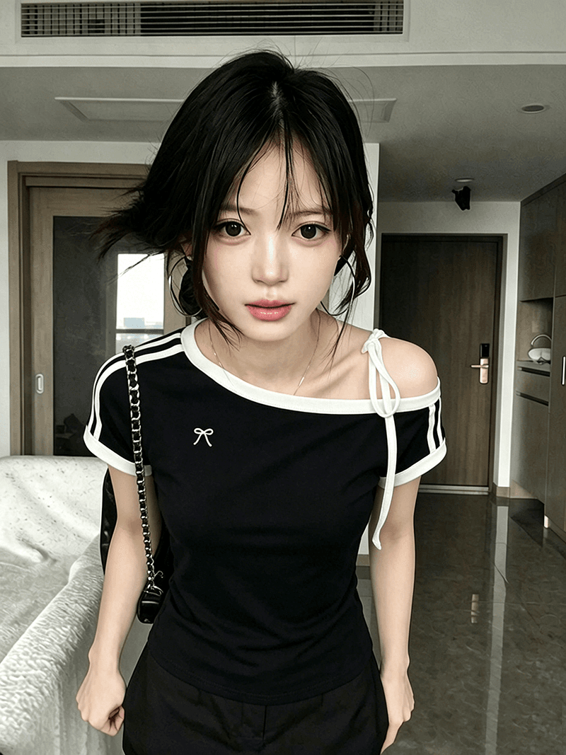 반팔 티셔츠 여성 의류 여름 새로운 스트랩 자수 쇼트 스타일 몸매 가꾸기 오프숄더 스트라이프 비스듬한 칼라 맨위 상세 이미지 10
