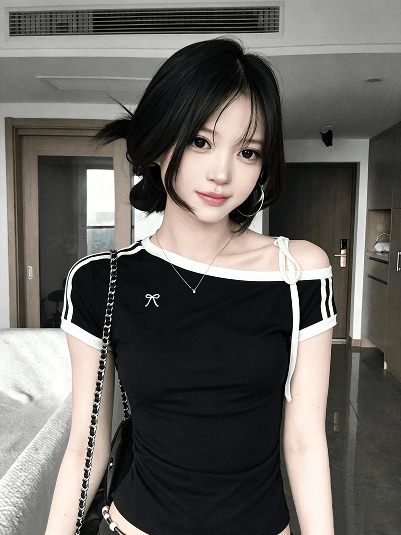 반팔 티셔츠 여성 의류 여름 새로운 스트랩 자수 쇼트 스타일 몸매 가꾸기 오프숄더 스트라이프 비스듬한 칼라 맨위 상세 이미지 11