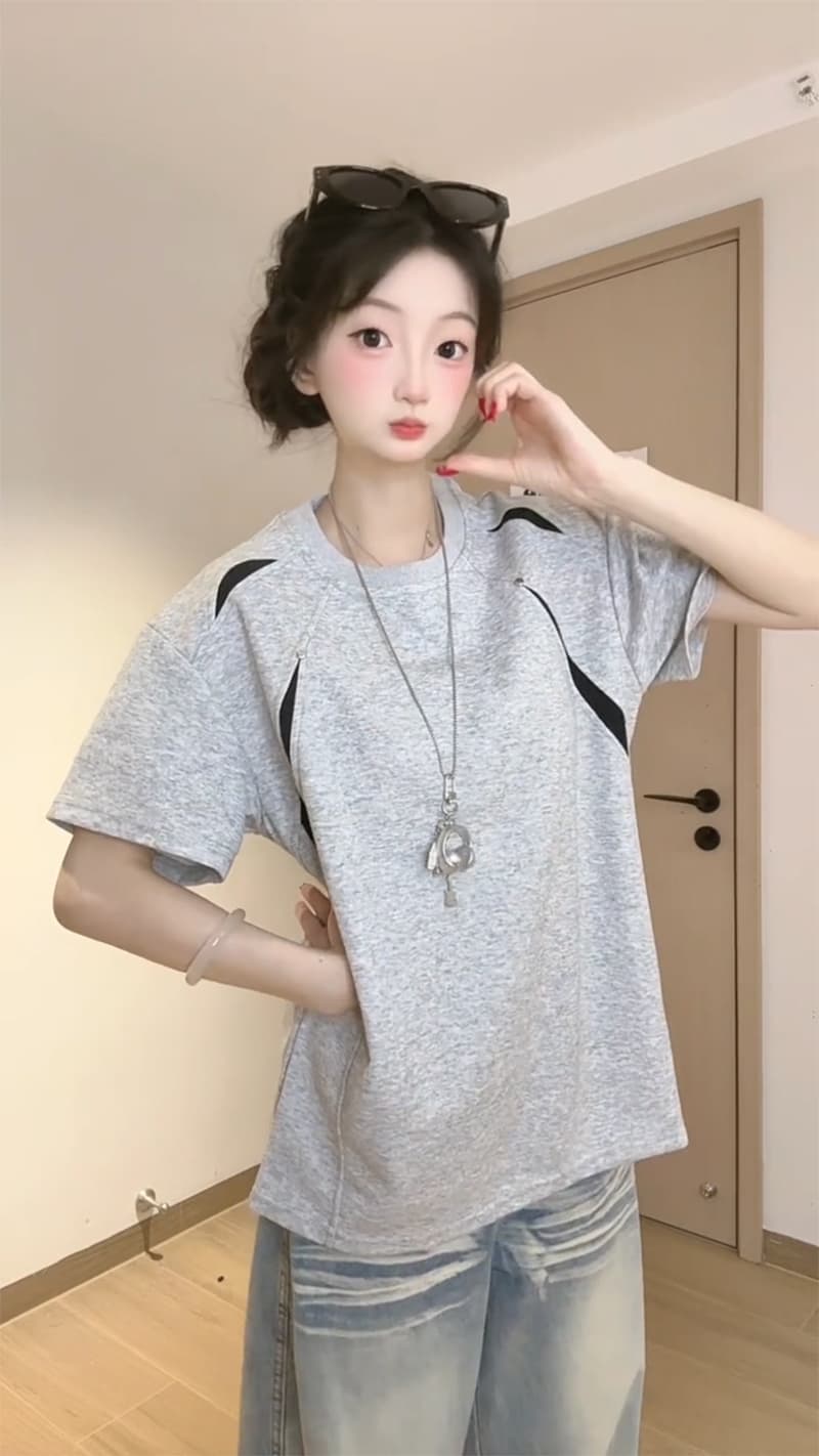 남자 바 면 반팔 티셔츠 남녀 커플룩 여름 새로운 디자인 센스 삽입 색상 루즈핏 라운드 넥 맨위 이미지 3