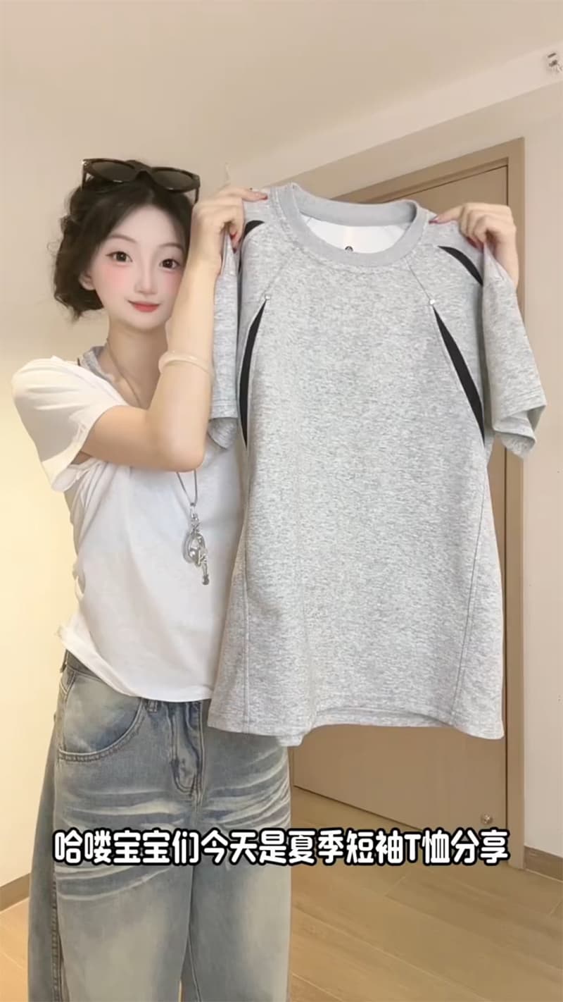 남자 바 면 반팔 티셔츠 남녀 커플룩 여름 새로운 디자인 센스 삽입 색상 루즈핏 라운드 넥 맨위 상세 이미지 2