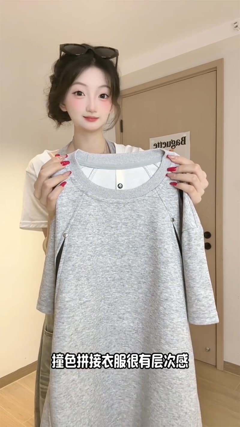 남자 바 면 반팔 티셔츠 남녀 커플룩 여름 새로운 디자인 센스 삽입 색상 루즈핏 라운드 넥 맨위 상세 이미지 4