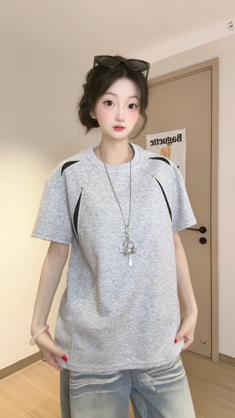 남자 바 면 반팔 티셔츠 남녀 커플룩 여름 새로운 디자인 센스 삽입 색상 루즈핏 라운드 넥 맨위 상세 이미지 6