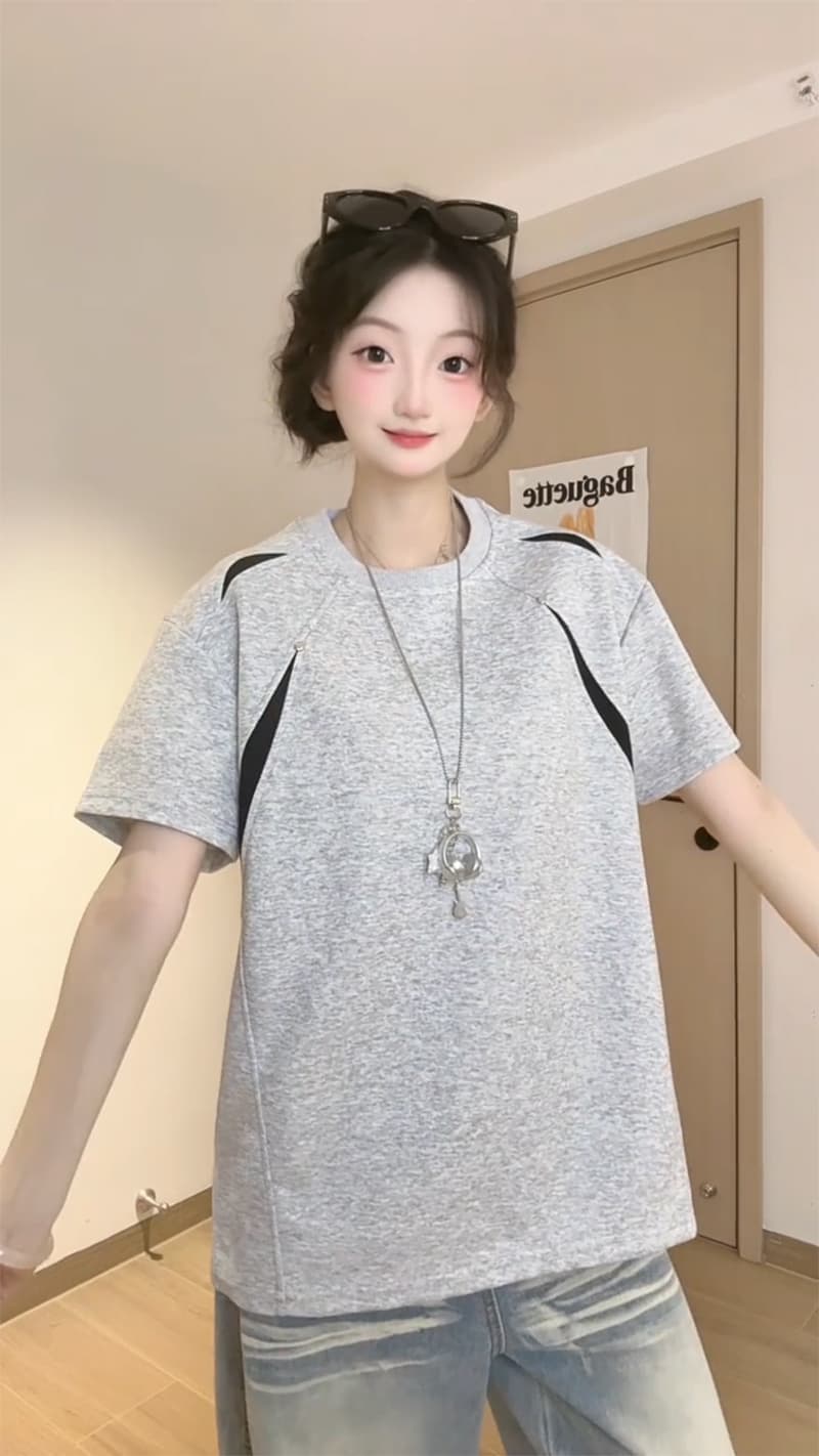 남자 바 면 반팔 티셔츠 남녀 커플룩 여름 새로운 디자인 센스 삽입 색상 루즈핏 라운드 넥 맨위 상세 이미지 7