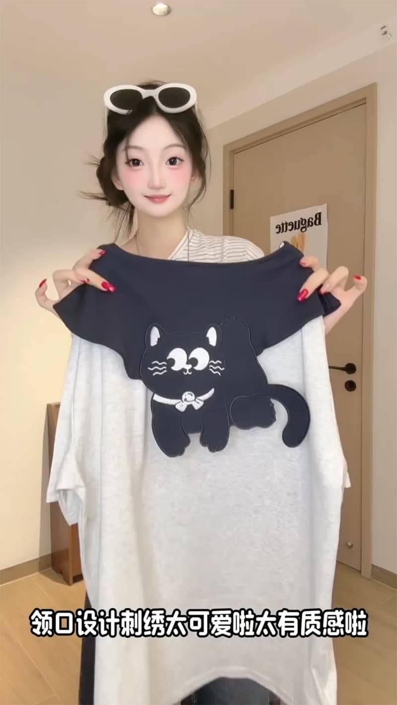 경관 그림 특별 가격 220 그램 순면 반팔 티셔츠 여성 의류 여름 가시 자수 루즈핏 한 부서 배색 베이비 칼라 맨위 이미지 4