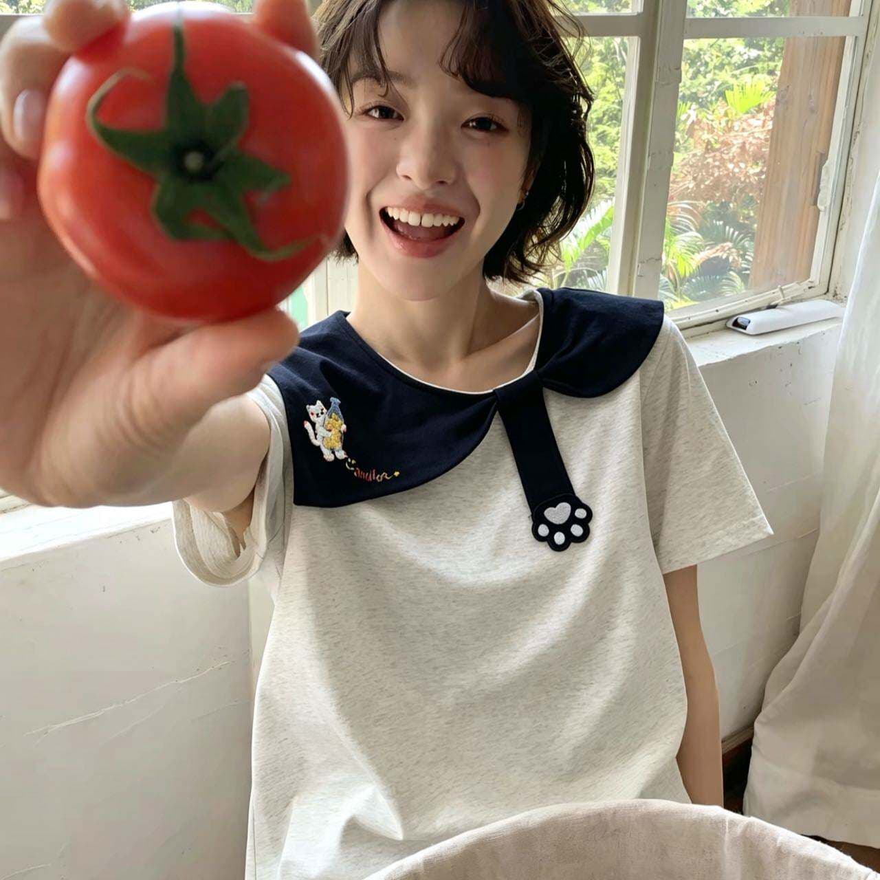 경관 그림 특별 가격 220 그램 순면 반팔 티셔츠 여성 의류 여름 가시 자수 루즈핏 한 부서 배색 베이비 칼라 맨위 이미지 5