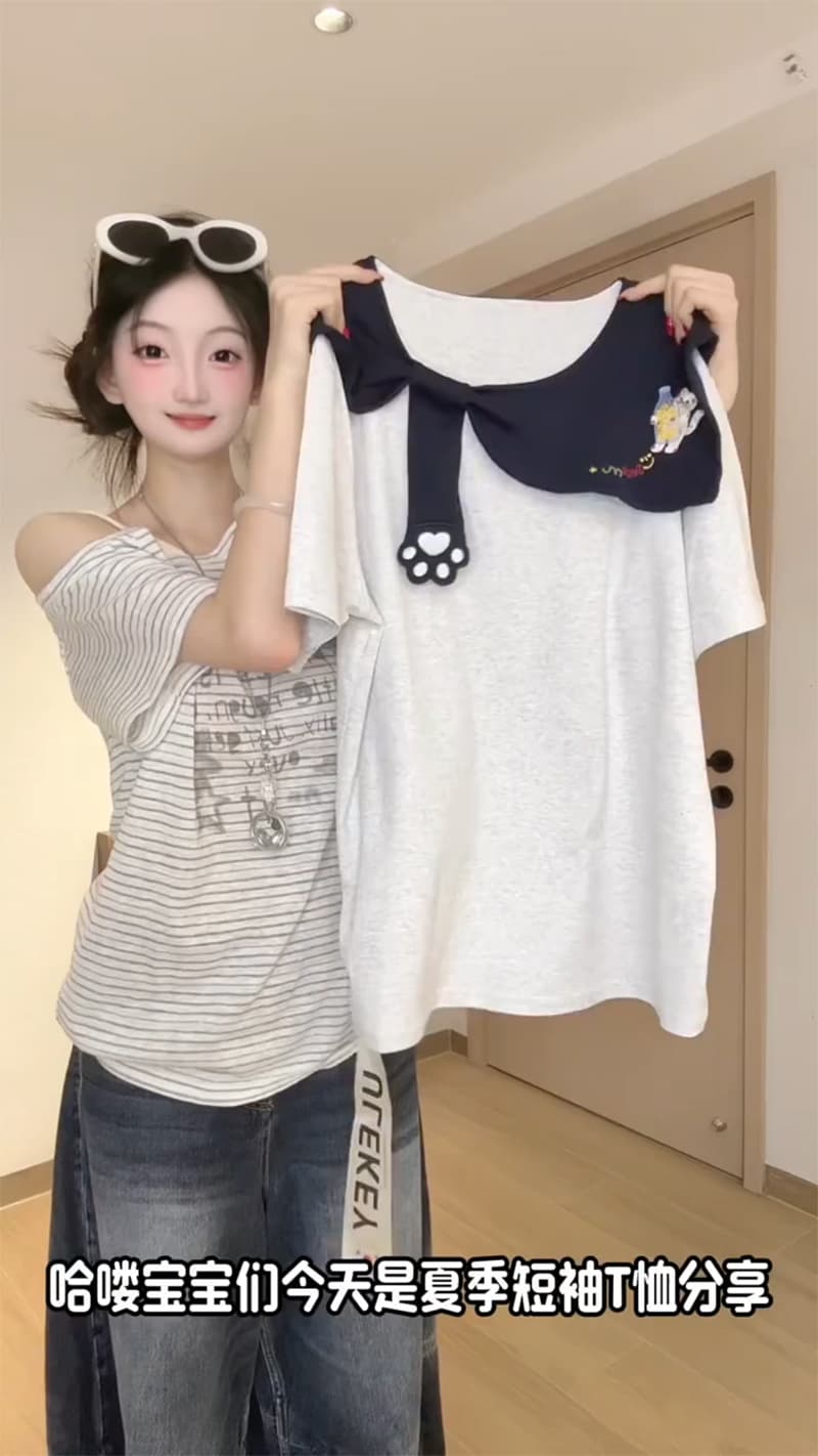 경관 그림 특별 가격 220 그램 순면 반팔 티셔츠 여성 의류 여름 가시 자수 루즈핏 한 부서 배색 베이비 칼라 맨위 상세 이미지 2