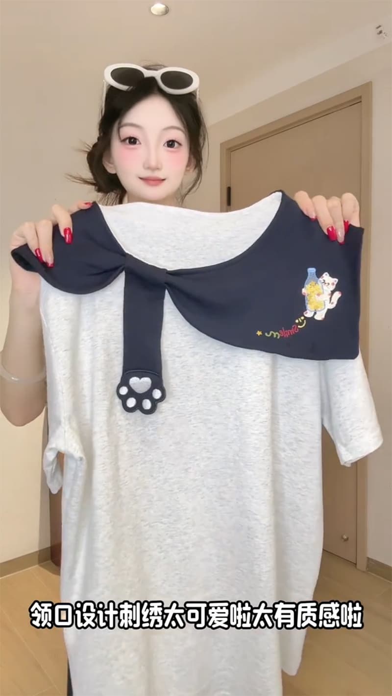 경관 그림 특별 가격 220 그램 순면 반팔 티셔츠 여성 의류 여름 가시 자수 루즈핏 한 부서 배색 베이비 칼라 맨위 상세 이미지 4