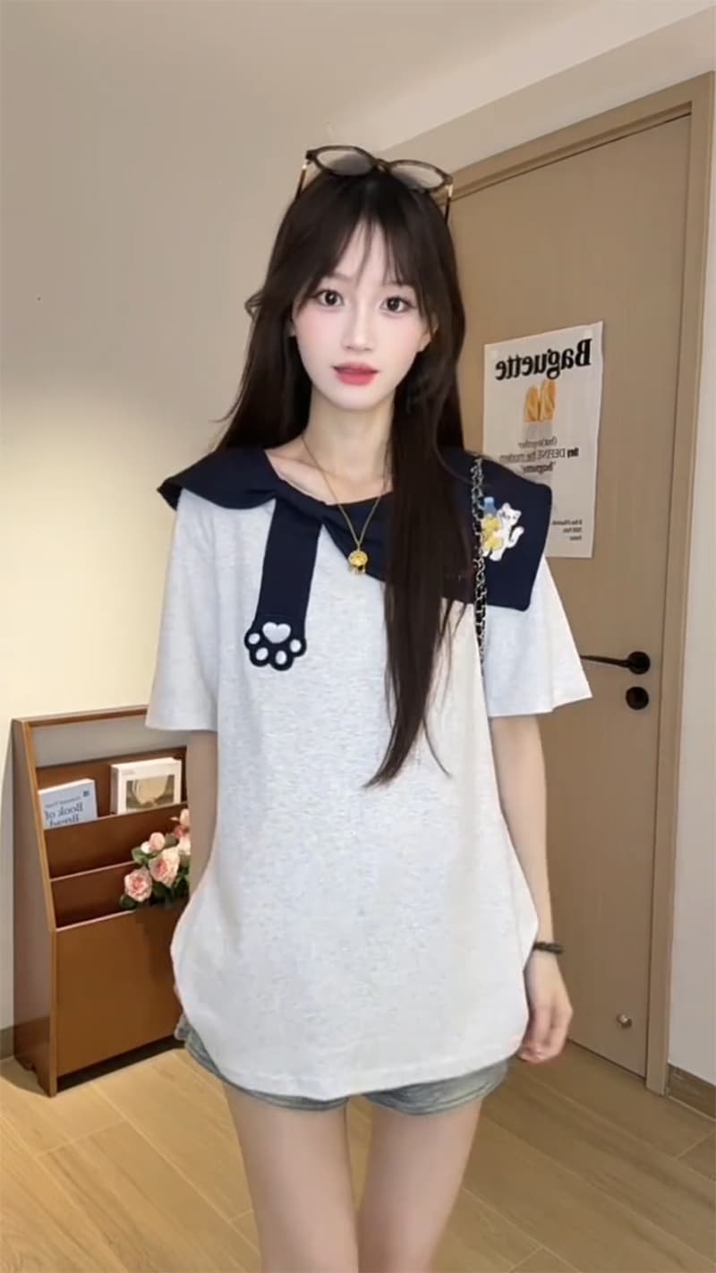 220 그램 순면 반팔 티셔츠 여성 의류 여름 가시 자수 루즈핏 한 부서 배색 베이비 칼라 맨위 이미지 2