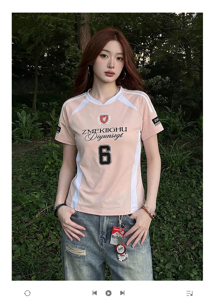220 그램 주간 실크 차가운 면 반팔 티셔츠 여성 의류 여름 새로운 한 부서 디자인 센스 삽입 색상 V넥 맨위 상세 이미지 1