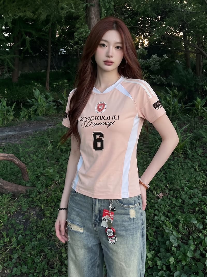 220 그램 주간 실크 차가운 면 반팔 티셔츠 여성 의류 여름 새로운 한 부서 디자인 센스 삽입 색상 V넥 맨위 상세 이미지 9